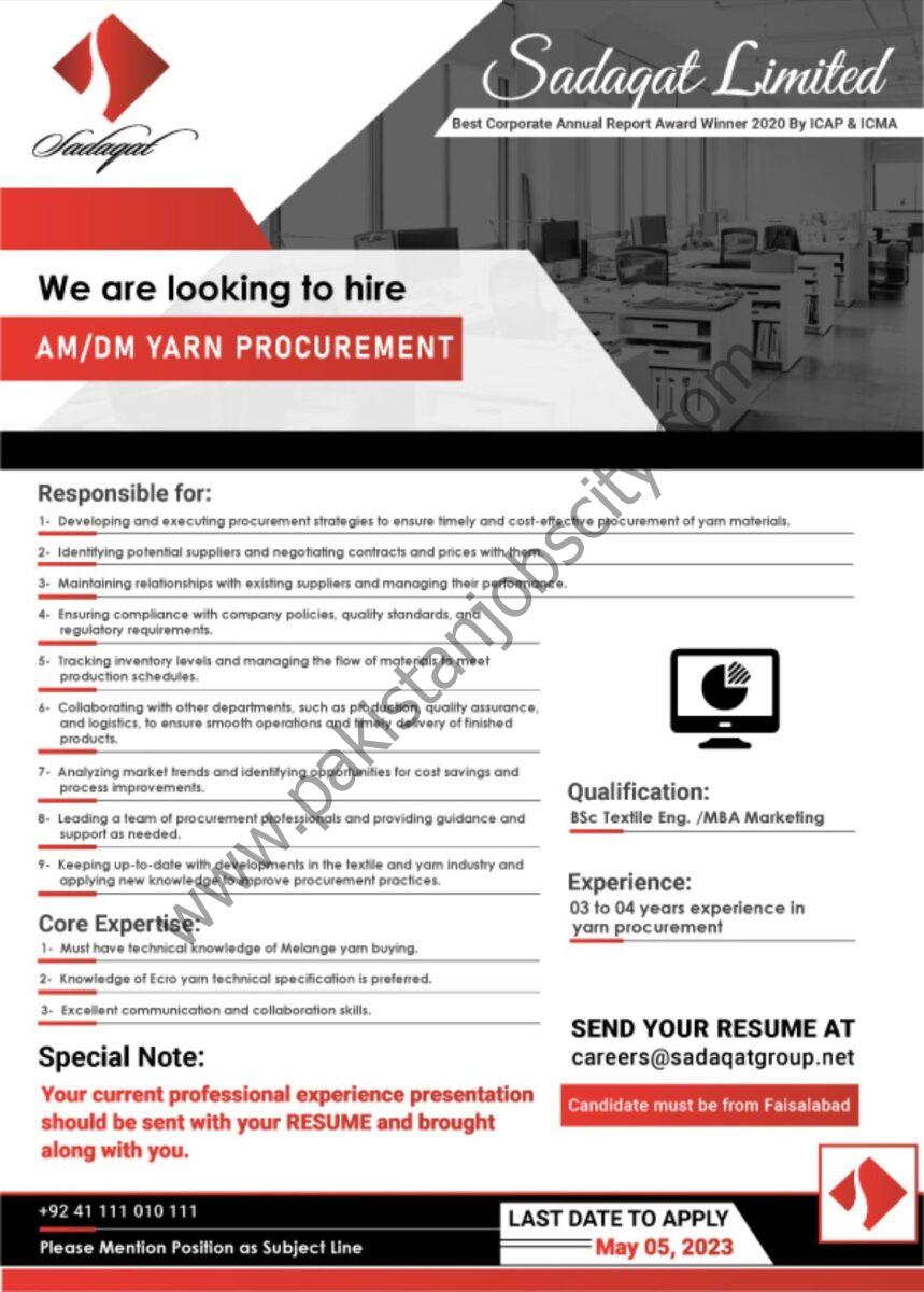 Sadaqat Limited Jobs AM / DM Yarn Procurement 1