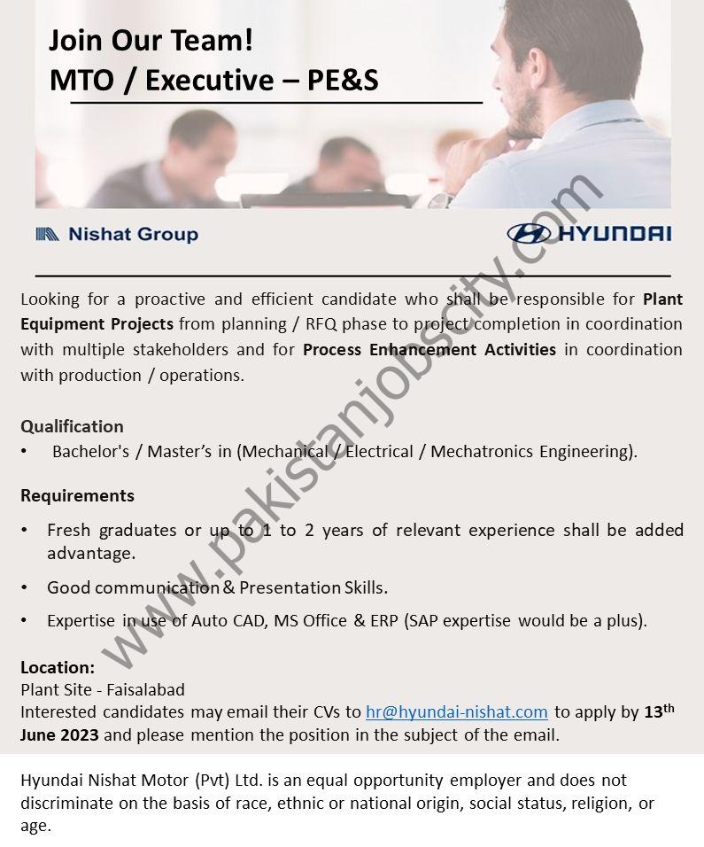 Hyundai Nishat Motor Pvt Ltd Jobs MTO / Executive PE&S 1