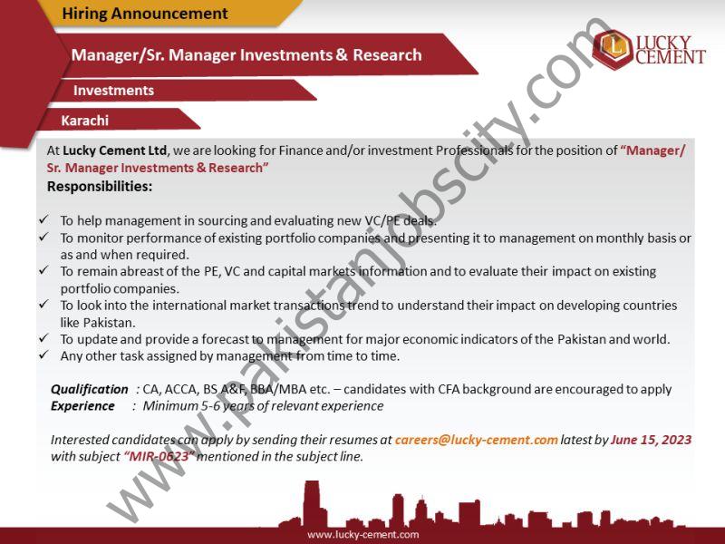 Lucky Cement Limited Jobs Manager / Senior Manager Investments & Research 1