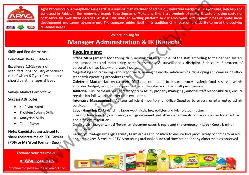 Agro Processors & Atmospheric Gases Pvt Ltd AGAP Jobs Manager Administration & IR 1