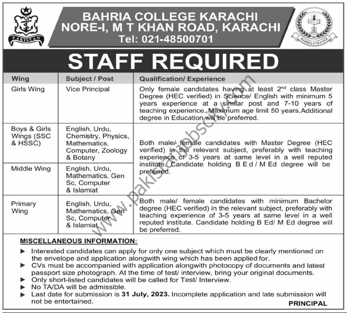 Bahria College Karachi Jobs 16 July 2023 Dawn 1