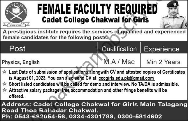 Cadet College Chakwal for Girls Jobs 23 July 2023 Express 1