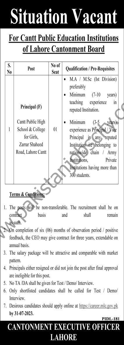 Cantt Public Education Institutions of Lahore Cantonment Board Jobs 16 July 2023 Express 1