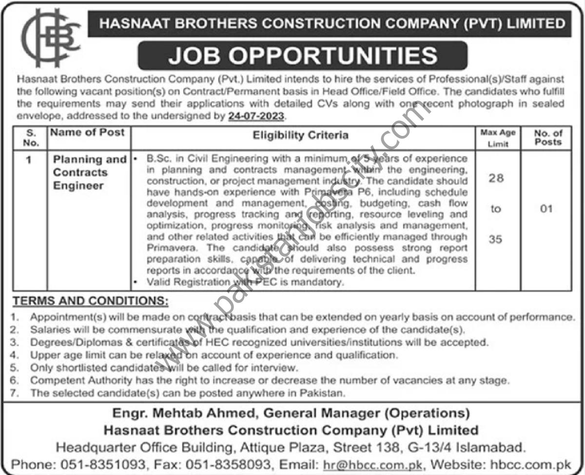Hasnaat Brother Construction Co Pvt Ltd Jobs Planning & Contracts Engineer 1