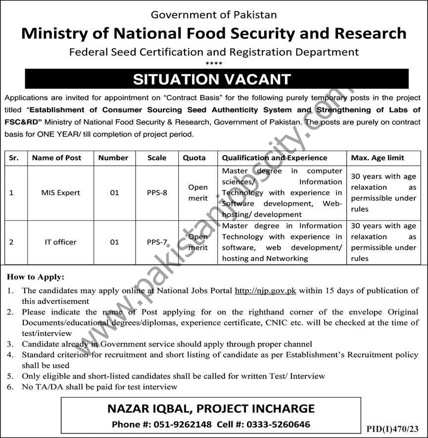 Ministry of National Food Security & Research Jobs July 2023 1