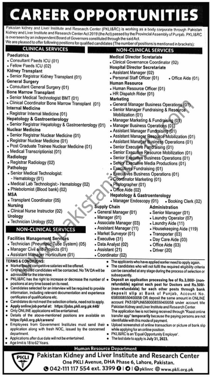 Pakistan Kidney & Liver Institute & Research Center PKLI&RC Jobs 16 July 2023 Dawn 1