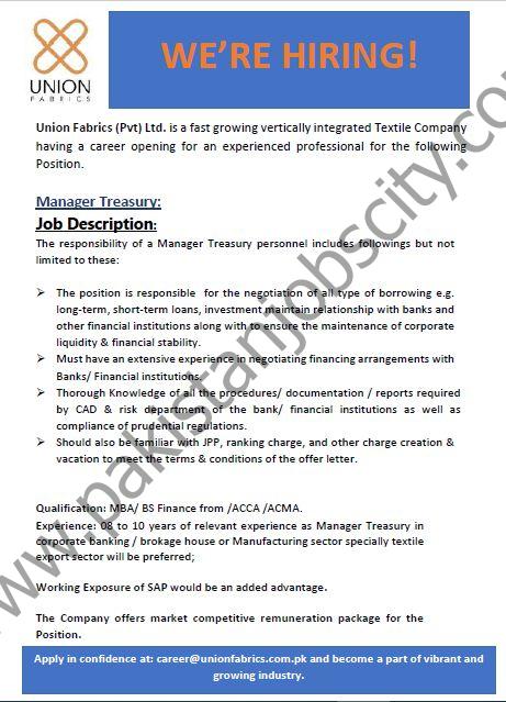 Union Fabrics Pvt Ltd Jobs Manager Treasury 1