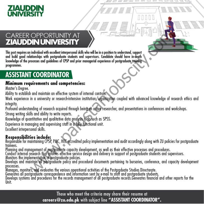 Ziauddin University Jobs Assistant Coordinator 1