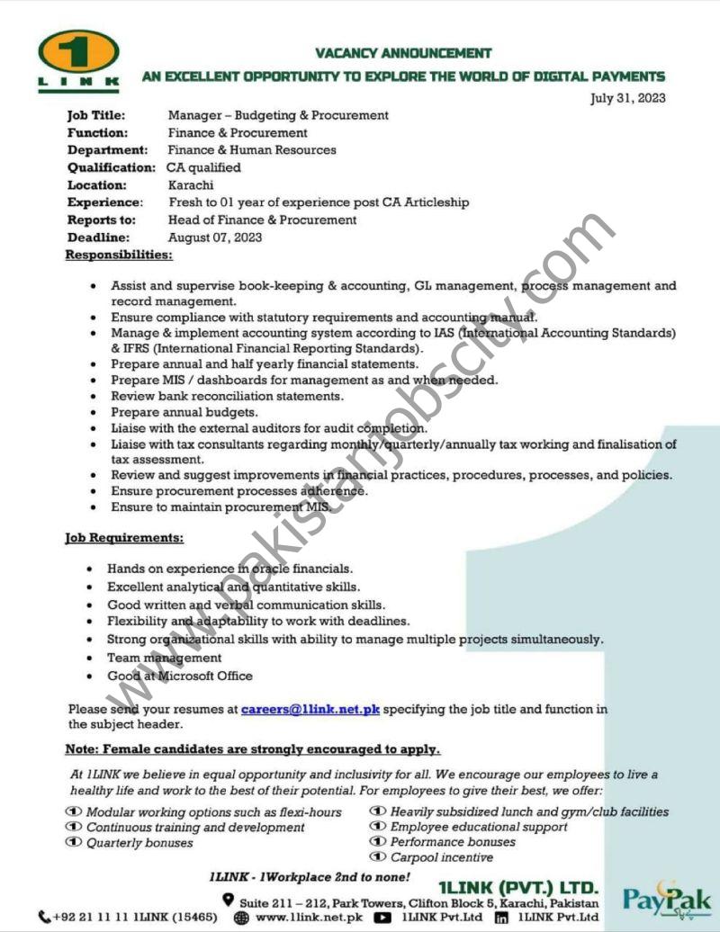 1Link Pvt Ltd Jobs Manager Budgeting & Procurement 1