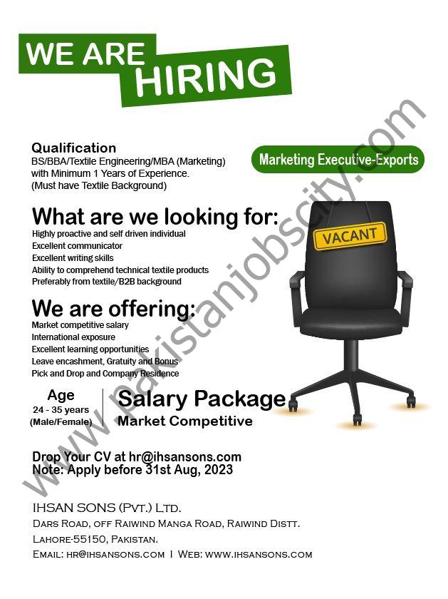 Ihsan Sons Pvt Ltd Jobs Marketing Executive Exports 1