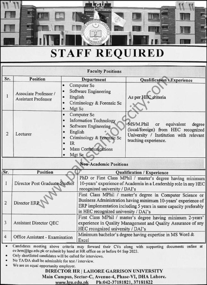 Lahore Garrison University LGU Jobs 27 August 2023 Express 1