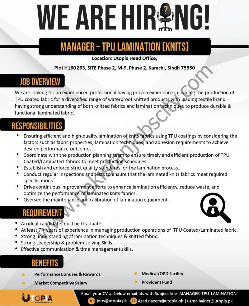 Utopia Industries Pvt Ltd Jobs Manager TPU Lamination Knits 1
