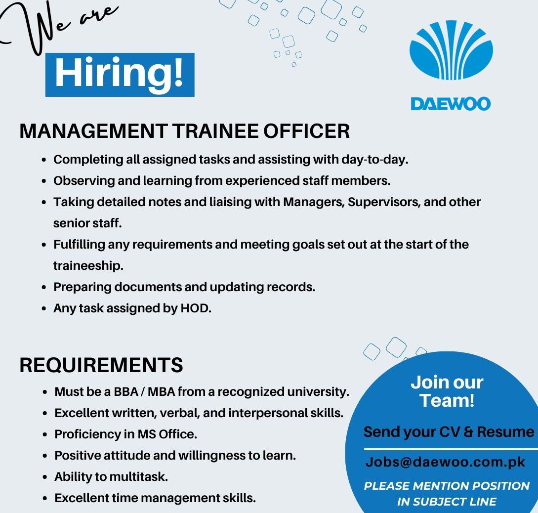 Daewoo Pakistan Jobs Management Trainee Officer 1