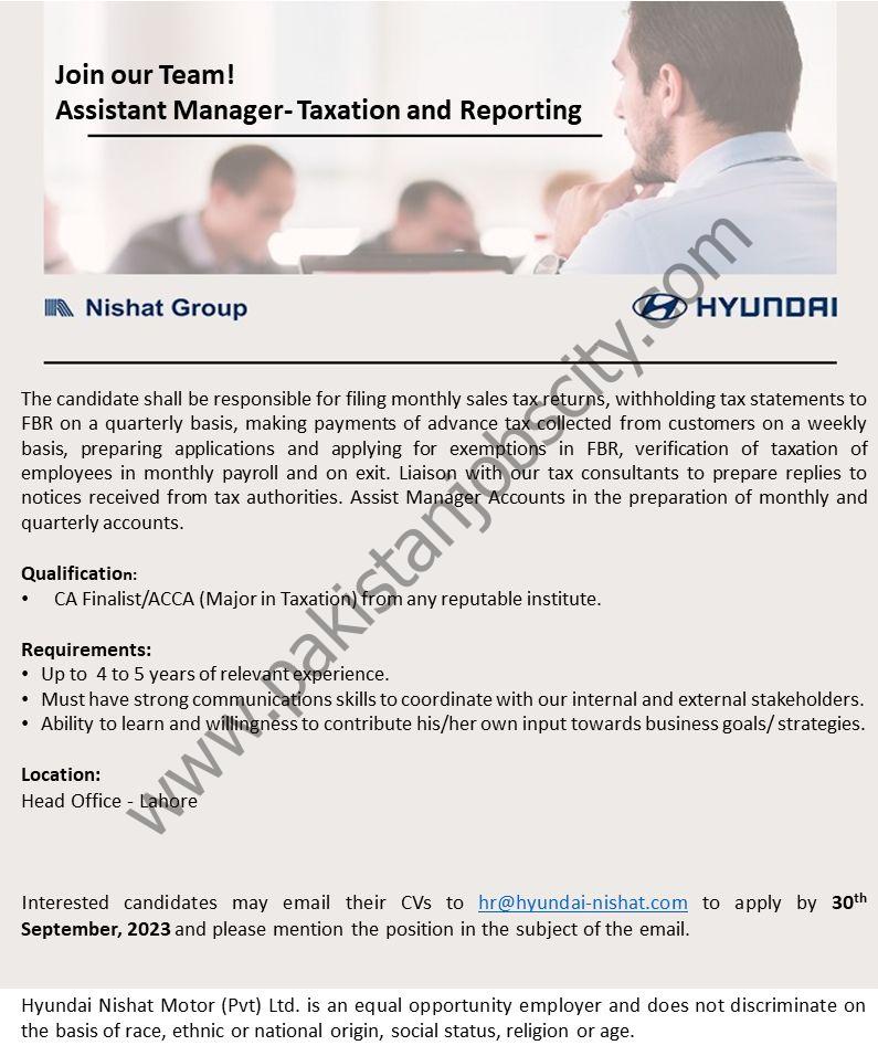 Hyundai Nishat Motor Pvt Ltd Jobs Assistant Manager Taxation & Reporting 1