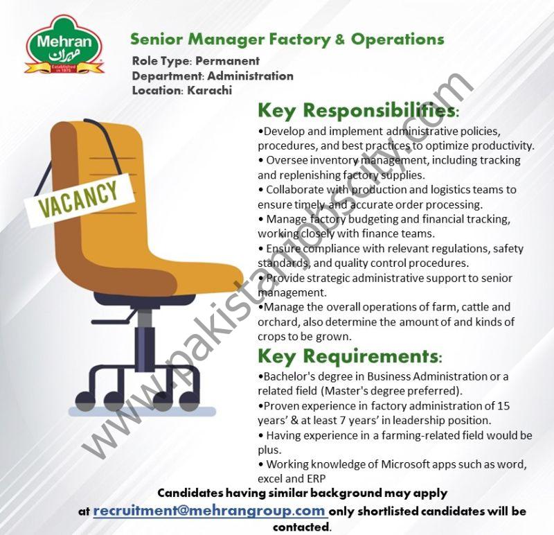 Mehran Group Jobs Senior Manager Factory & Operations 1