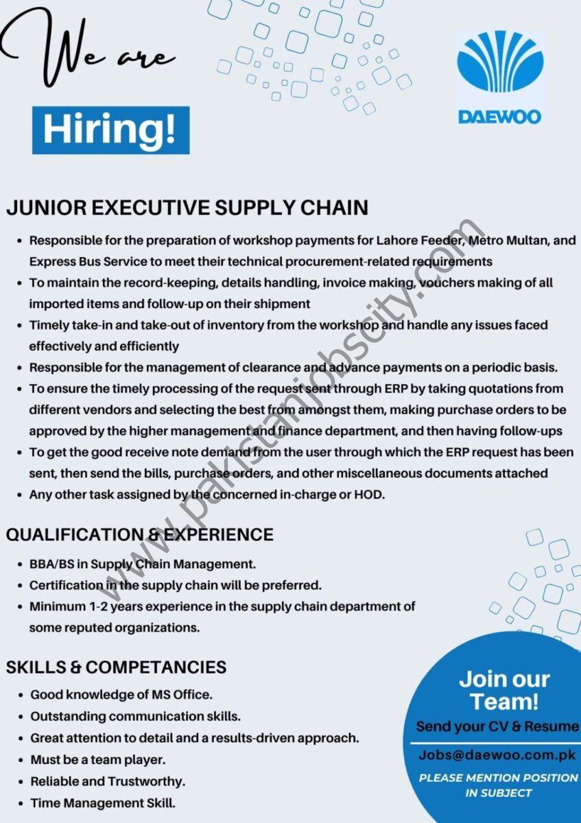 Daewoo Pakistan Jobs Junior Executive Supply Chain 1