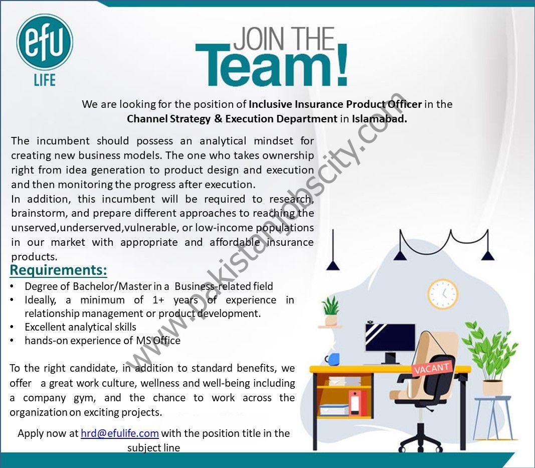 EFU Life Insurance Company Limited Jobs Inclusive Insurance Product Officer 1