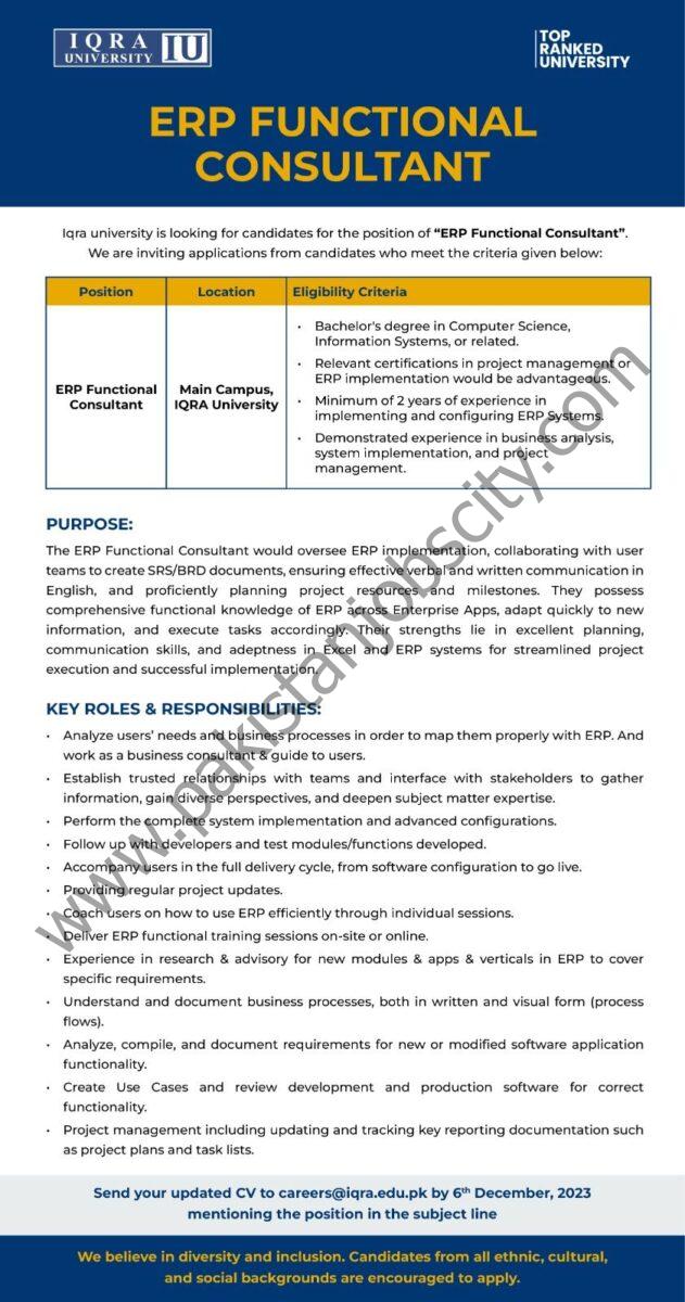 Iqra University Jobs ERP Functional Consultant 1