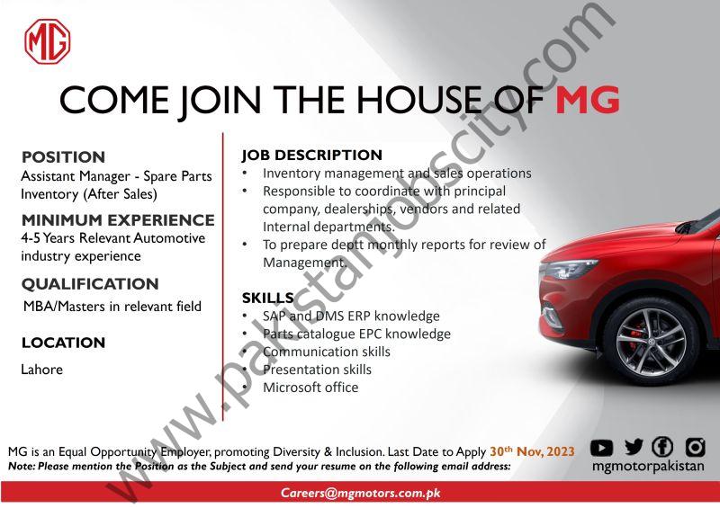 MG Motors Jobs Assistant Manager Spare Parts Inventory 1