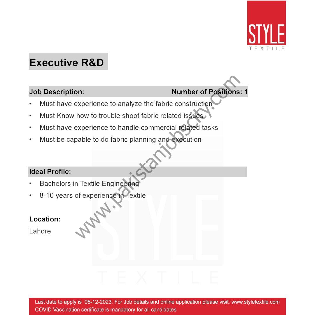 Style Textile Pvt Ltd Jobs Executive R&D 1