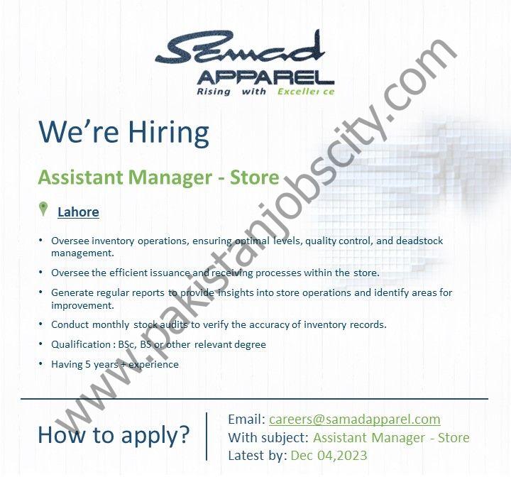 Samad Apparel Pvt Ltd Jobs Assistant Manager Store 1