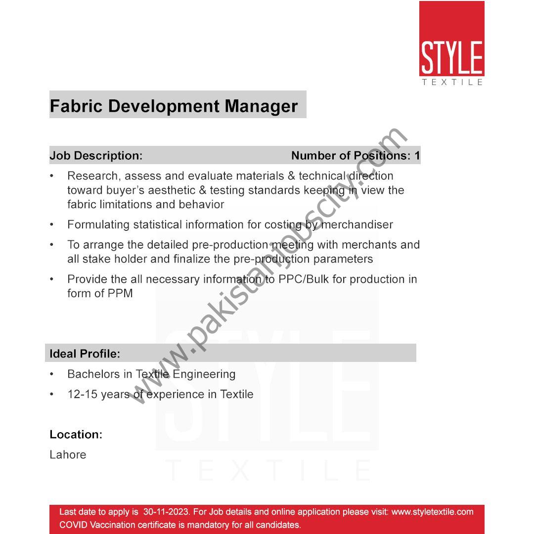Style Textile Pvt Ltd Jobs Fabric Development Manager 1