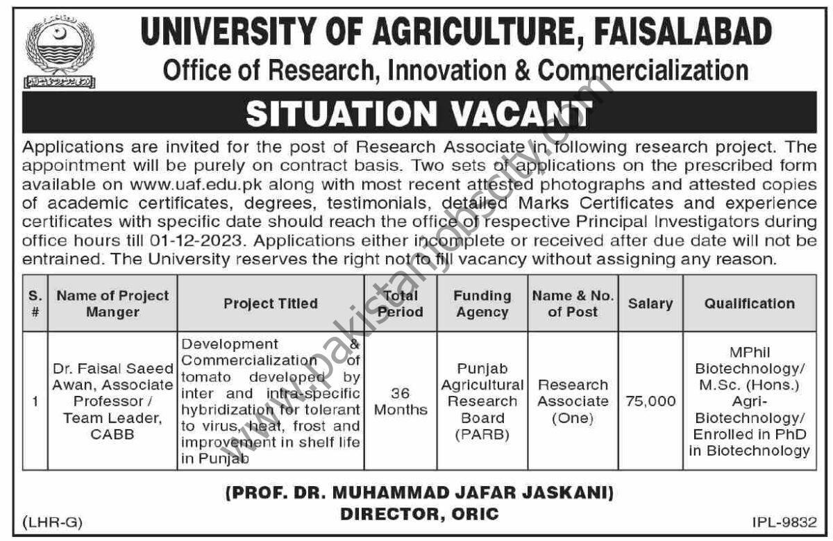University Of Agriculture Faisalabad Jobs 24 November 2023 Dawn 1
