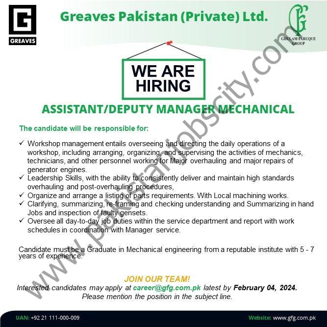 Greaves Pakistan Pvt Ltd Jobs Assistant / Deputy Manager Mechanical 1