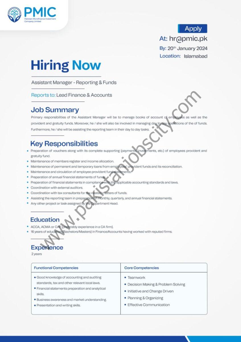 Pakistan Microfinance Investment Company PMIC Jobs Assistant Manager Reporting & Funds 1