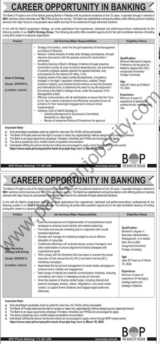 Bank of Punjab BOP Jobs 25 February 2024 Jang 1
