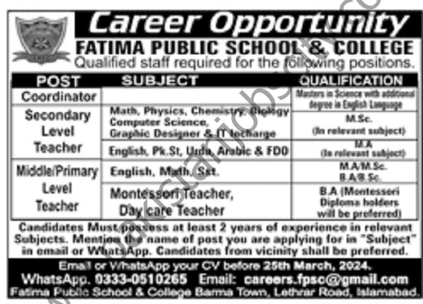 Fatima Public School & College Jobs 04 February 2024 Jang 1