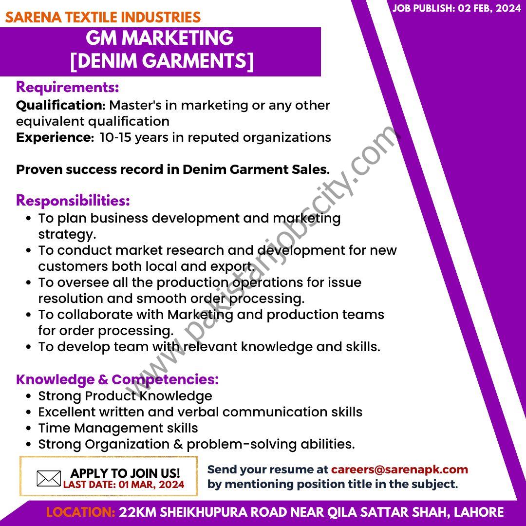 Sarena Textile Industries Jobs GM Marketing 1