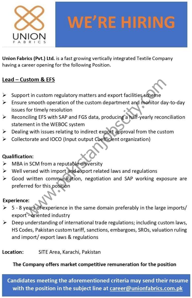 Union Fabrics Pvt Ltd Jobs Lead Custom & EFS  1