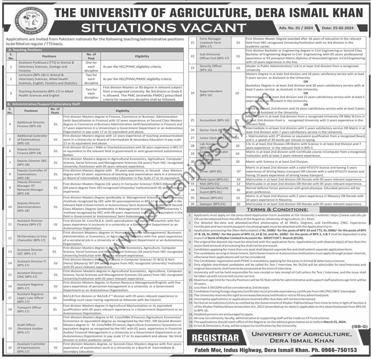 University Of Agriculture DI Khan Jobs 25 February 2024 Dawn 1