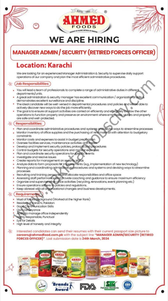 Ahmed Foods Pvt Ltd Jobs Manager Admin / Security 1