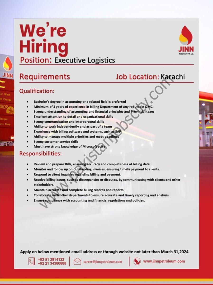JINN Petroleum Pvt Ltd Jobs Logistics Executive 1