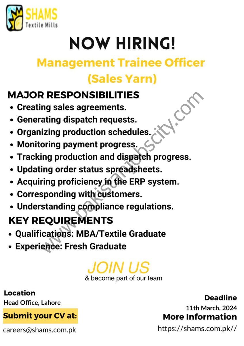 Shams Textile Mills Limited Jobs Management Trainee Officer (Sales Yarn) 1