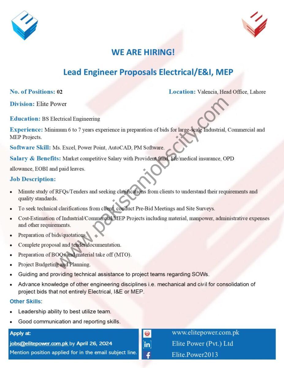 Elite Power Pvt Ltd Jobs Lead Engineer Proposals Electrical / E&I, MEP 1