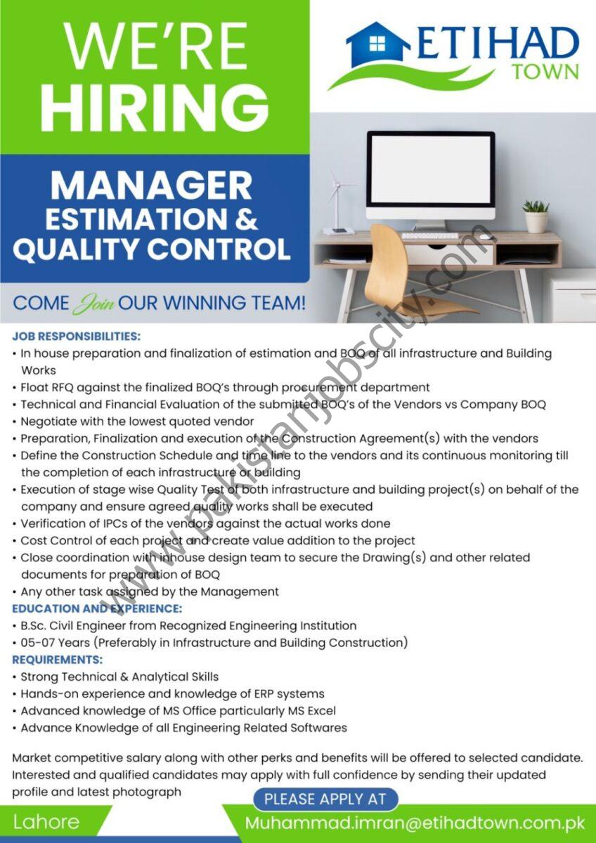 Etihad Real Estates Pvt Ltd Jobs Manager Estimation & Quality Control 1