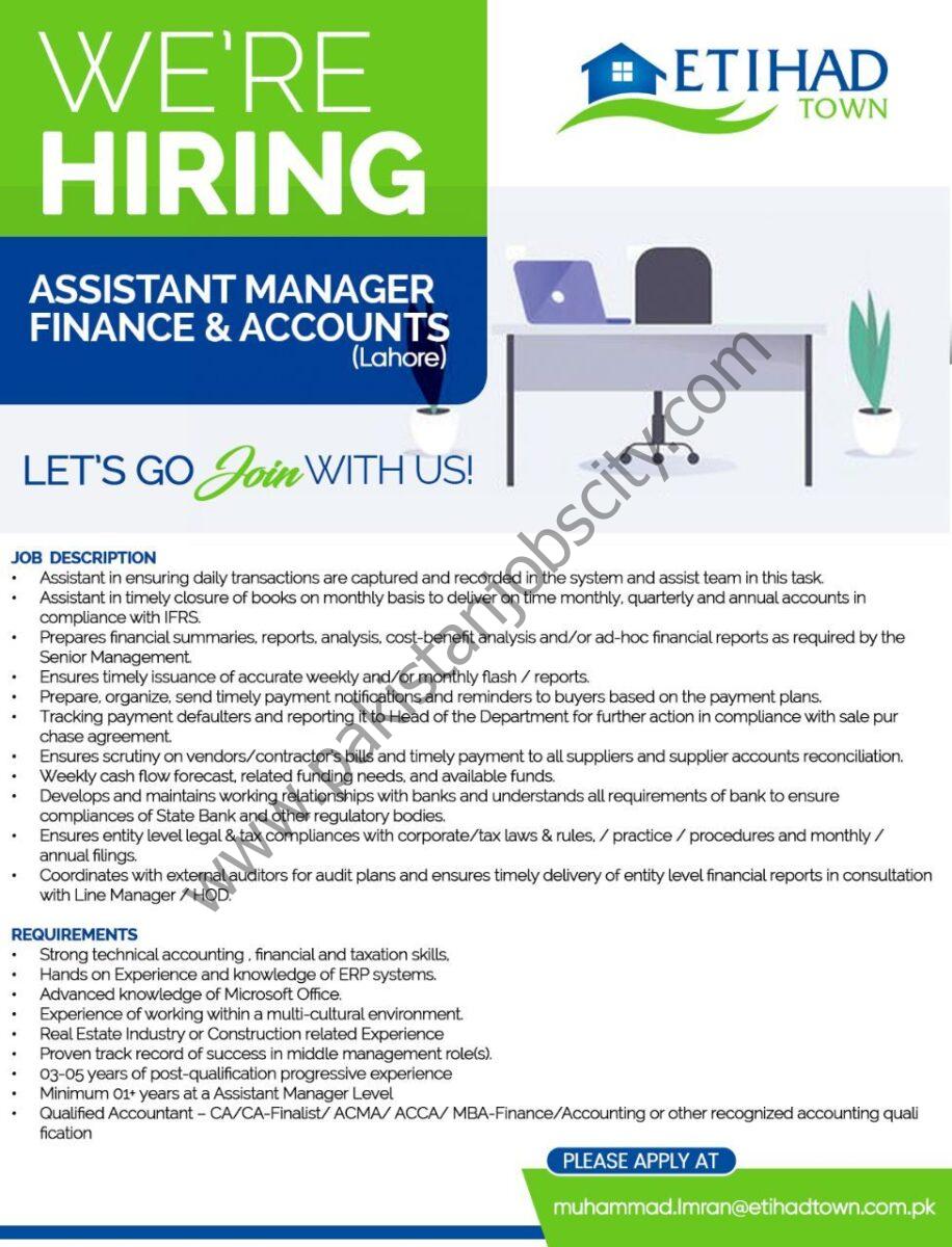 Etihad Real Estate Pvt Ltd Jobs Assistant Manager Finance & Accounts 1