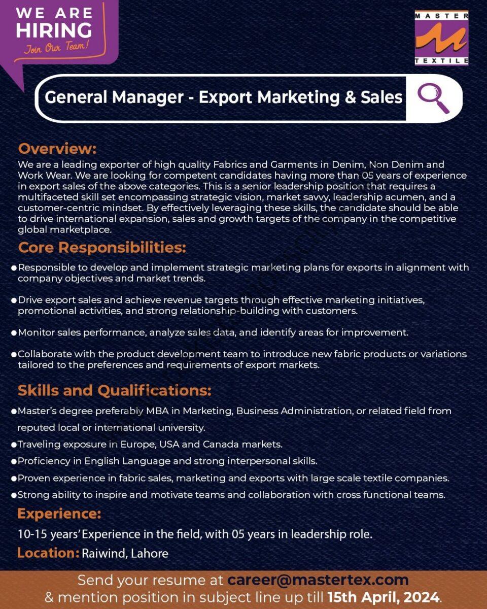 Master Textile Mills Ltd Jobs General Manager Export Marketing & Sales 1