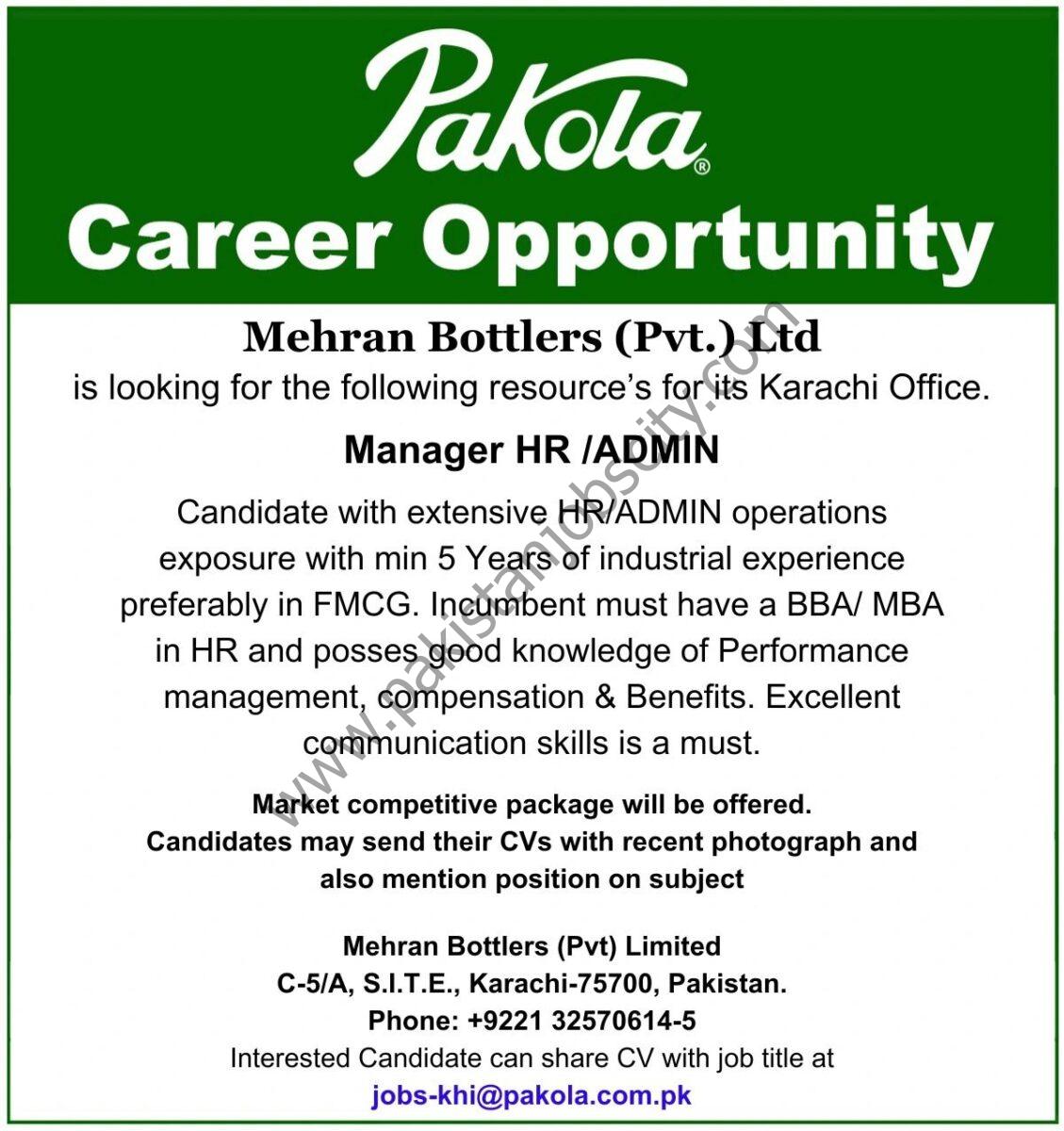 Mehran Bottlers Pvt Ltd Pakola Jobs Manager HR / Admin 1