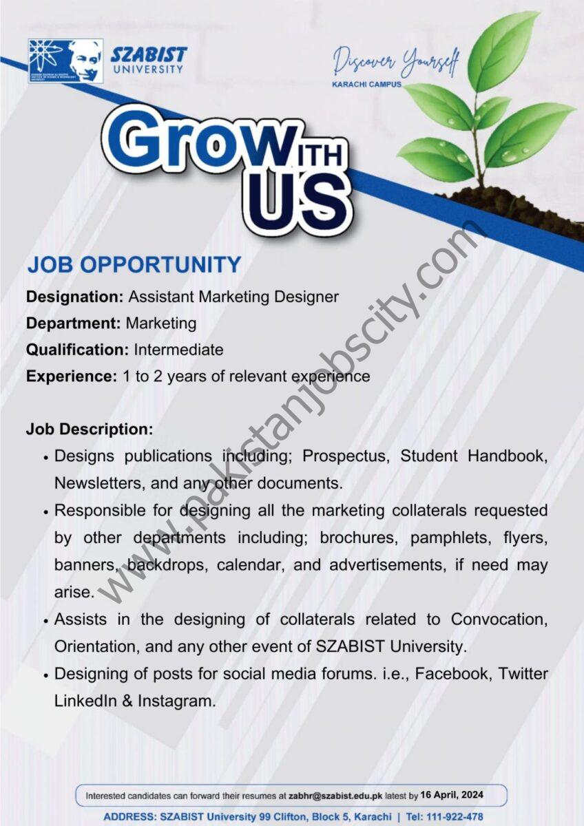 SZABIST University Jobs Assistant Marketing Designer 1