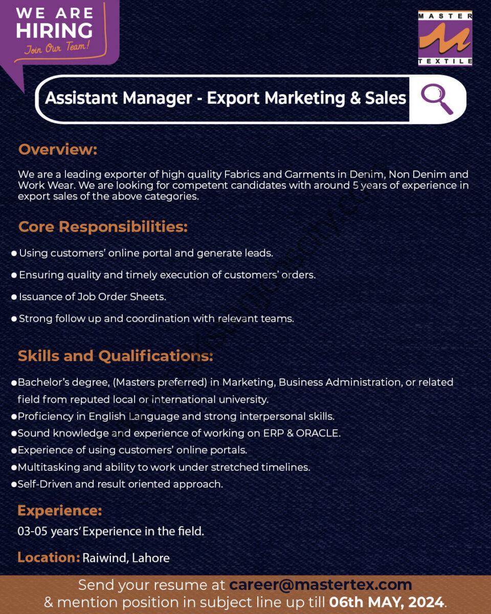 Master Textile Mills Jobs Assistant Manager Marketing & Sales 1