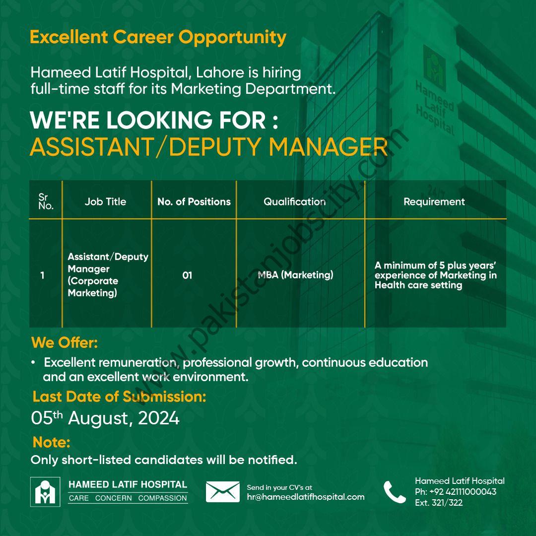 Hameed Latif Hospital Jobs Assistant/Deputy Manager (Corporate Marketing) 1