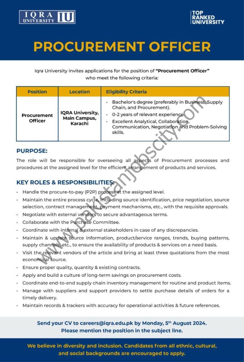 Iqra University IU Jobs Procurement Officer 1