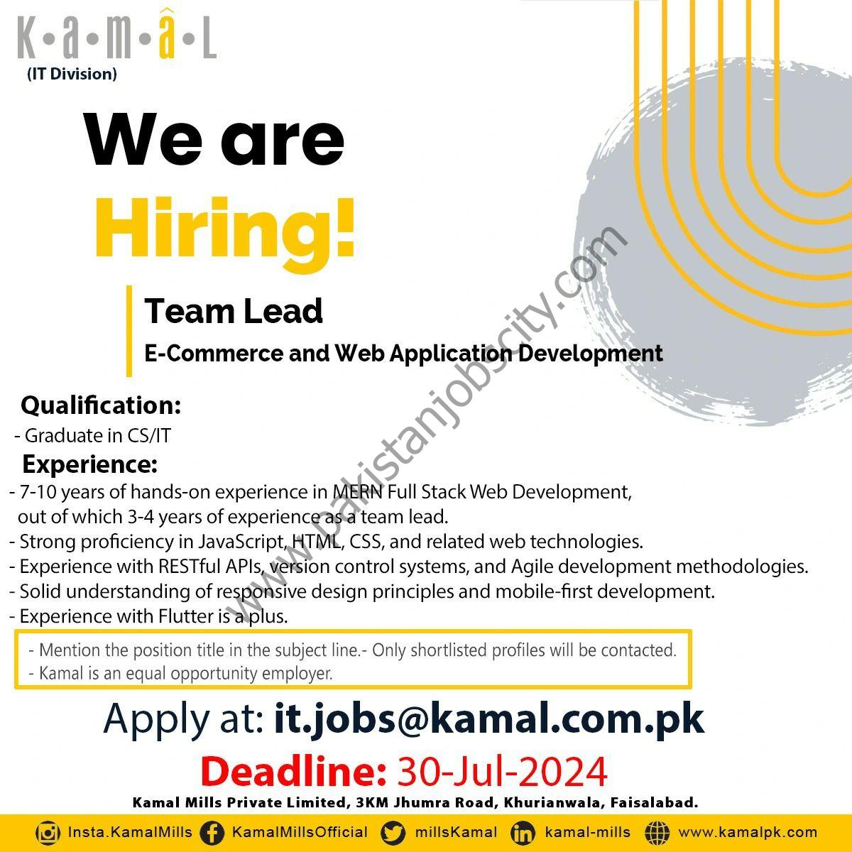 Kamal Hosiery Mills Jobs Team Lead E-Commerce & Web Application Development 1