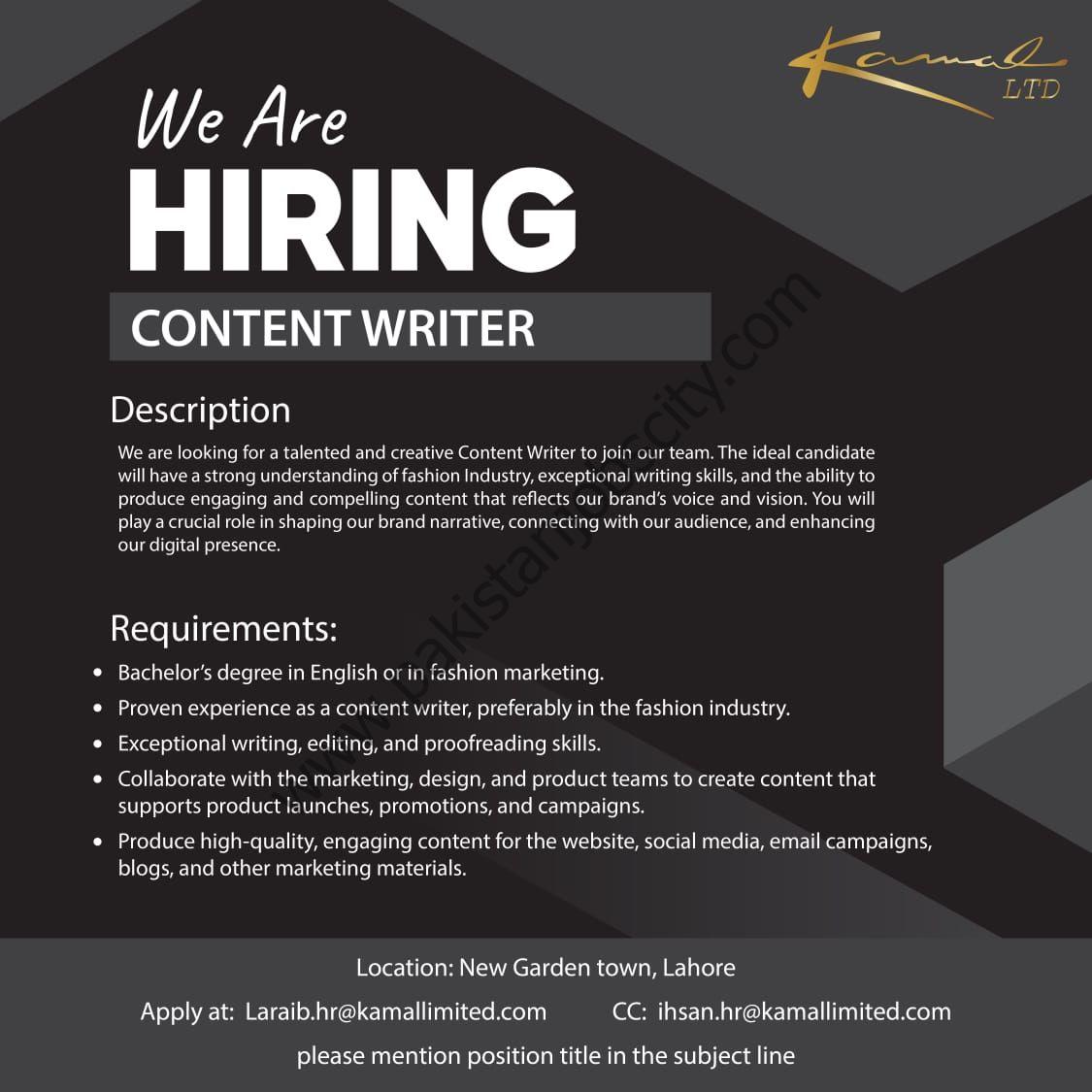 Kamal Ltd Jobs Content Writer 1