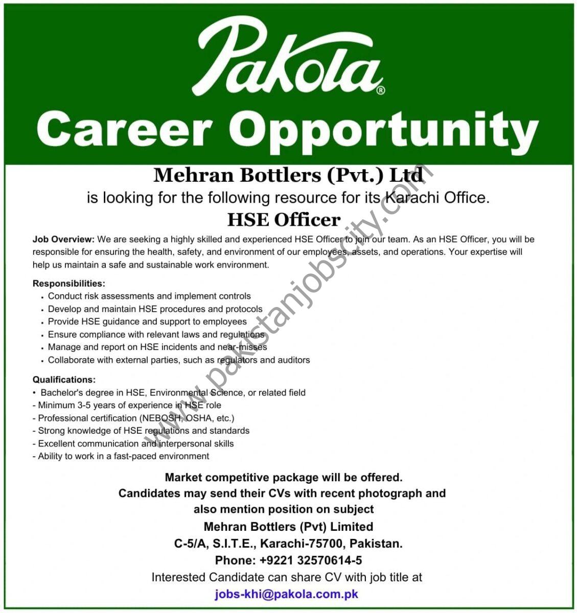 Mehran Bottlers Pvt Ltd Jobs HSE Officer 1