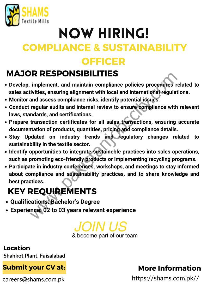 Shams Textile Mills Limited Jobs Compliance & Sustainability Officer 1